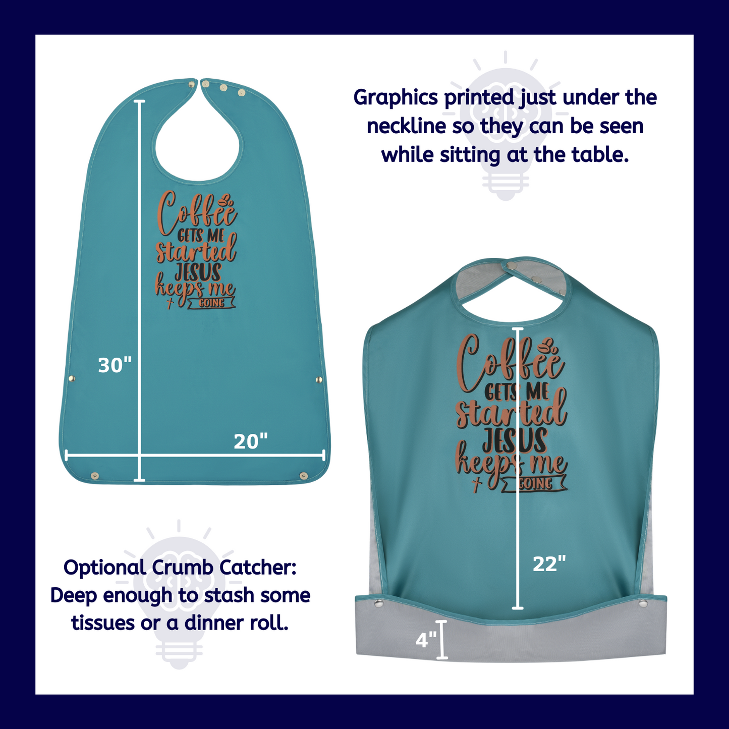 High quality funny adult bibs with printed graphics. 30" long, 20" wide